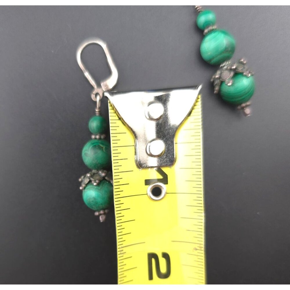 Vintage Malachite Beaded Necklace & Earrings Set Sterling Silver 19 inches - Picture 8 of 8